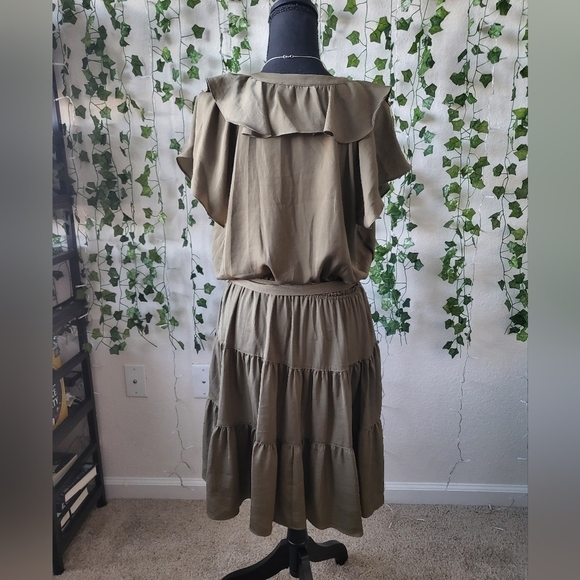 💚HP💚NWT Lauren Ralph Lauren Satin Belted Mini Dress Tiered Ruffle Hem Olive - Picture 6 of 11